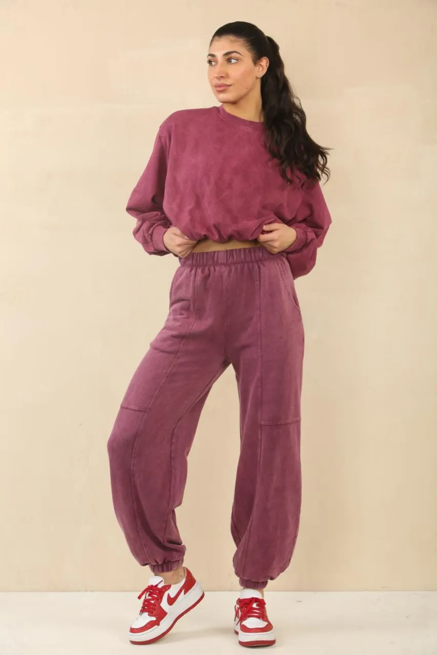 Acid Wash Sweatshirt & Joggers Bubble Hem Tracksuit