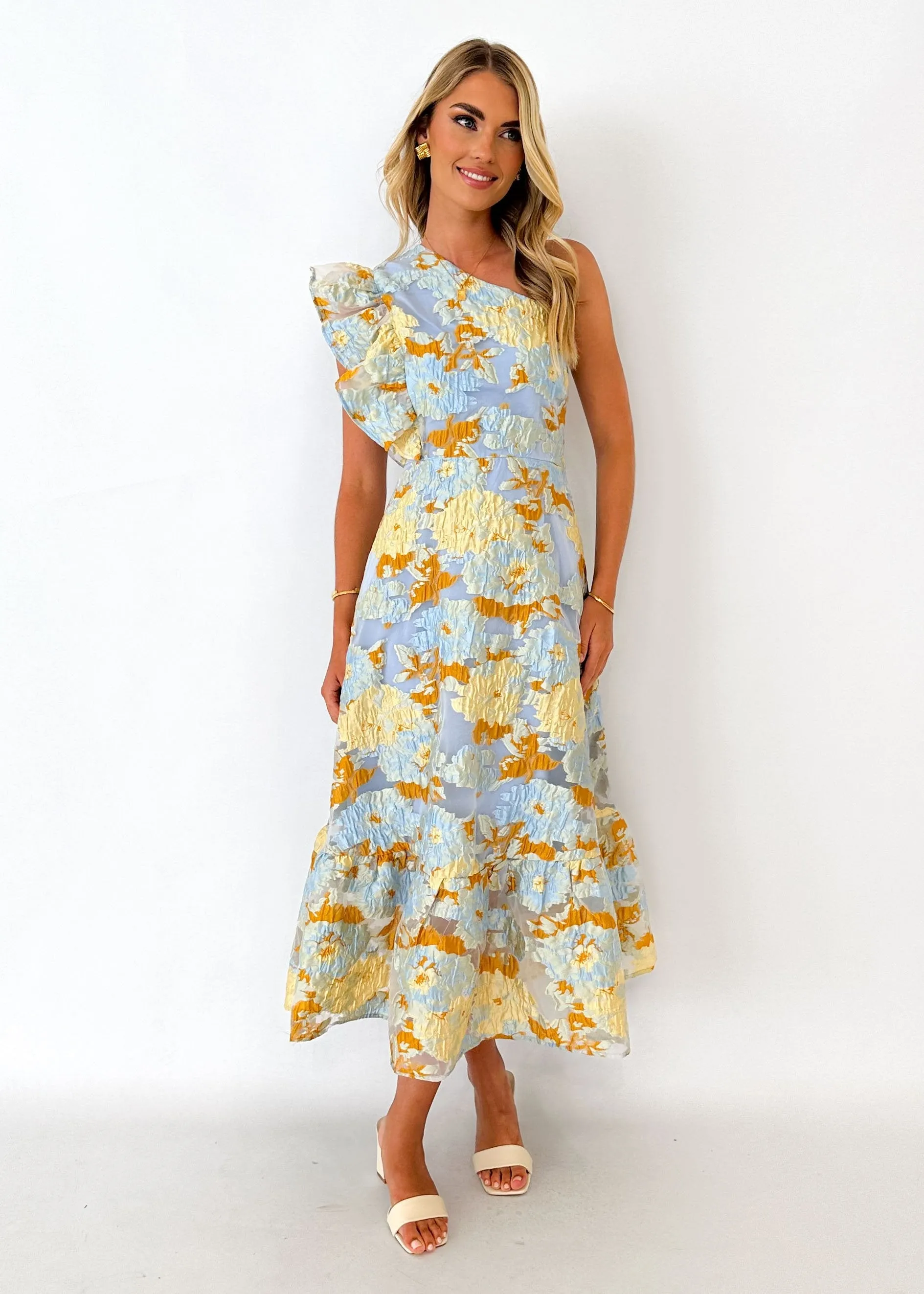 Airly One Shoulder Midi Dress - Blue Jacquard