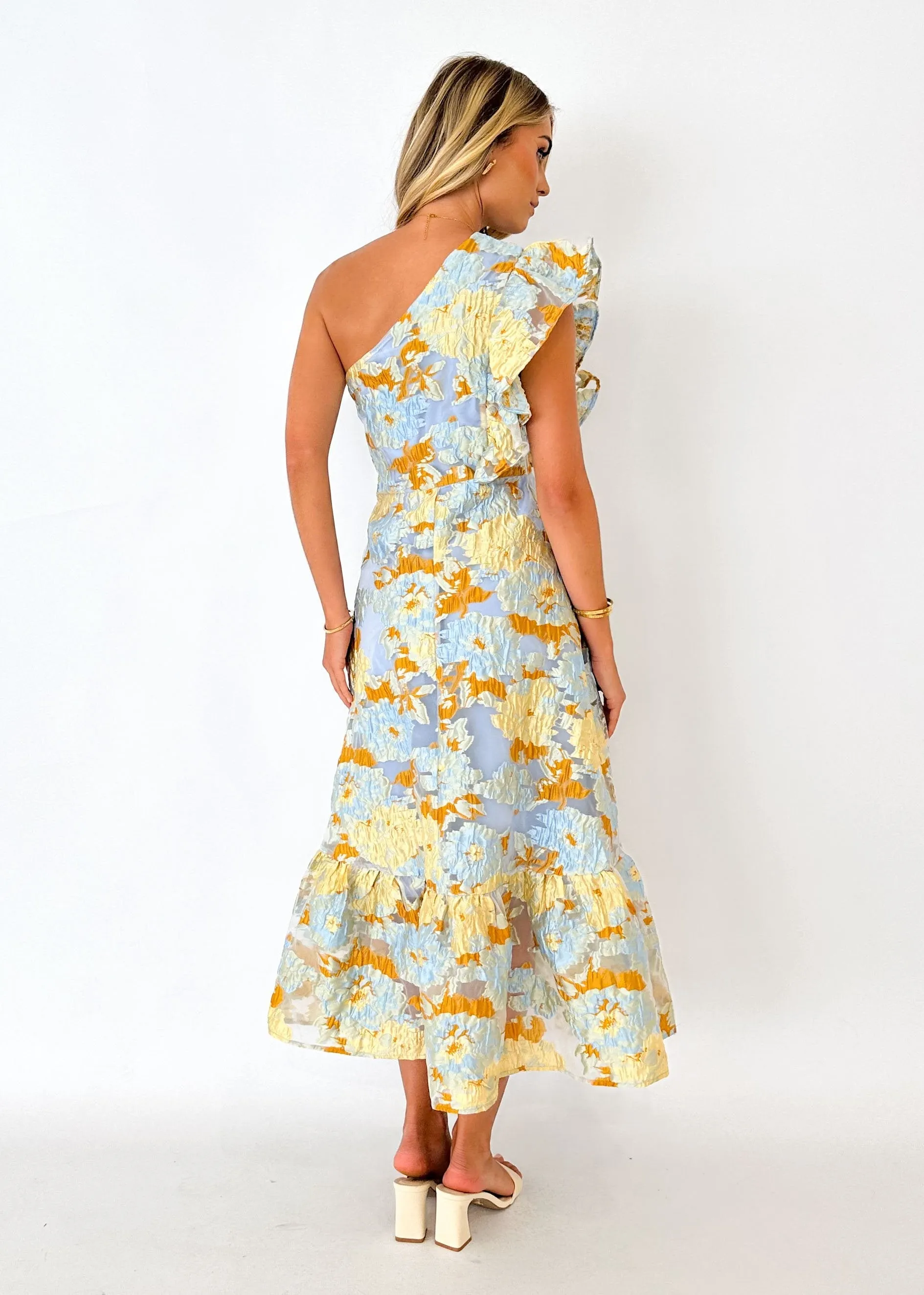 Airly One Shoulder Midi Dress - Blue Jacquard