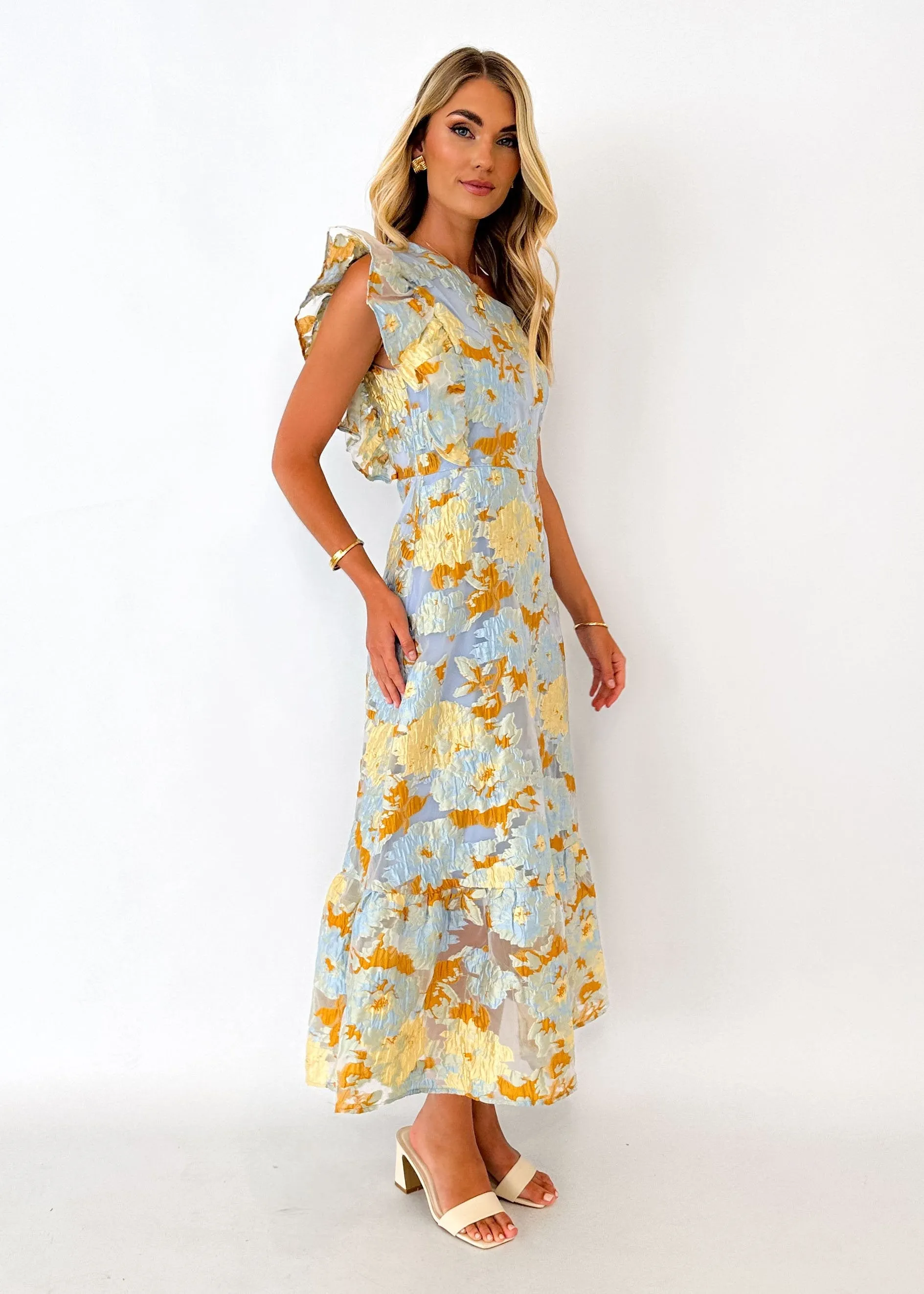 Airly One Shoulder Midi Dress - Blue Jacquard