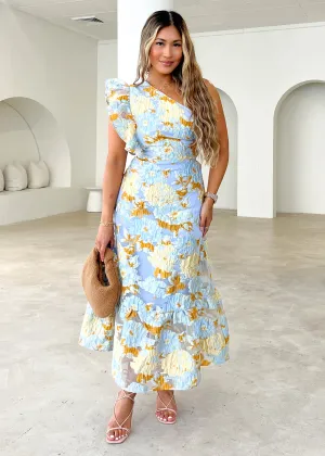 Airly One Shoulder Midi Dress - Blue Jacquard