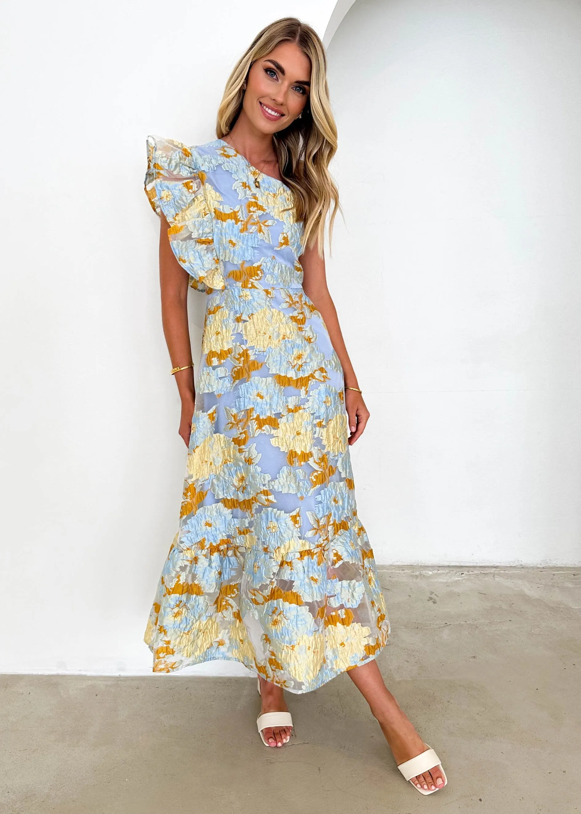 Airly One Shoulder Midi Dress - Blue Jacquard