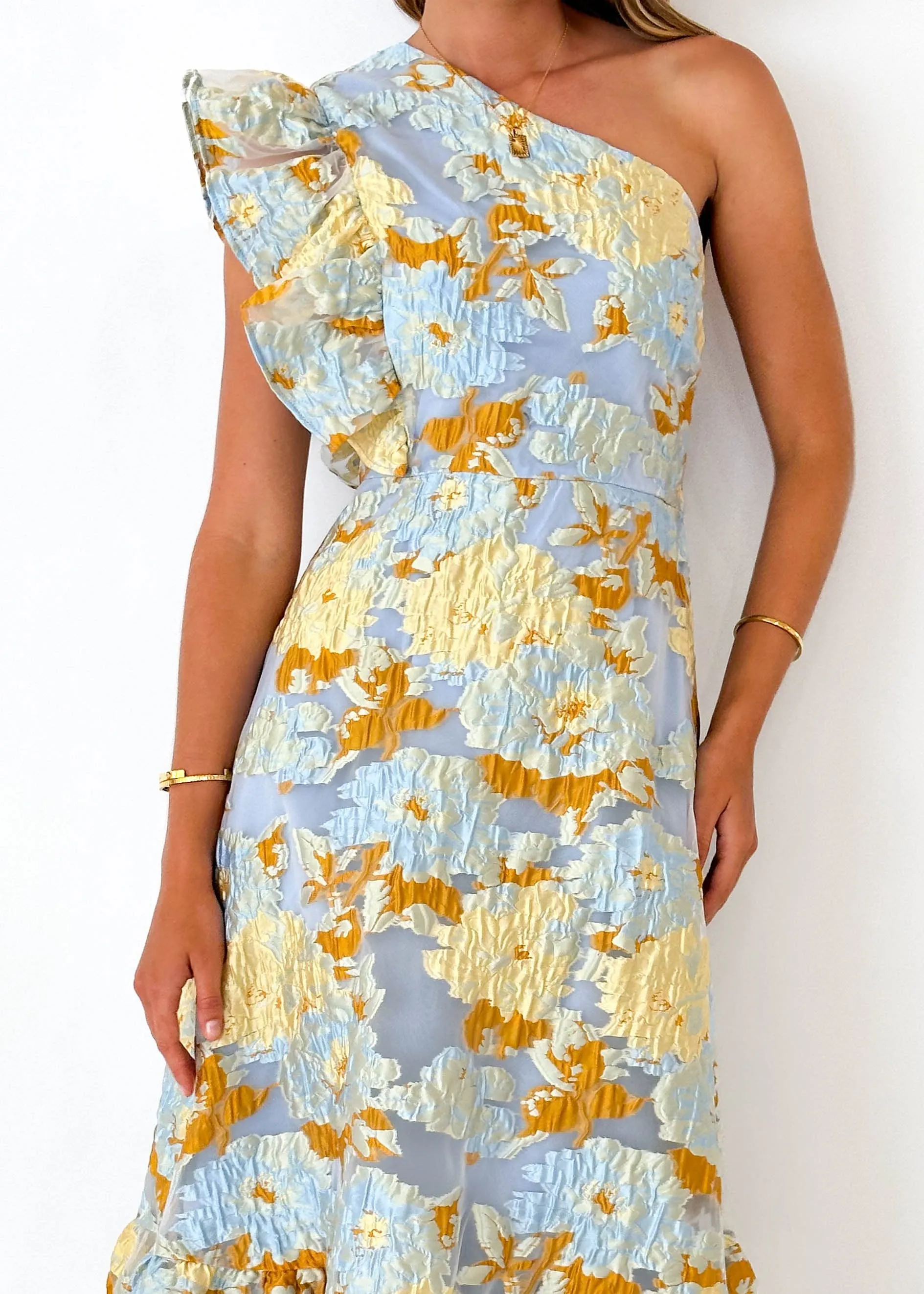 Airly One Shoulder Midi Dress - Blue Jacquard