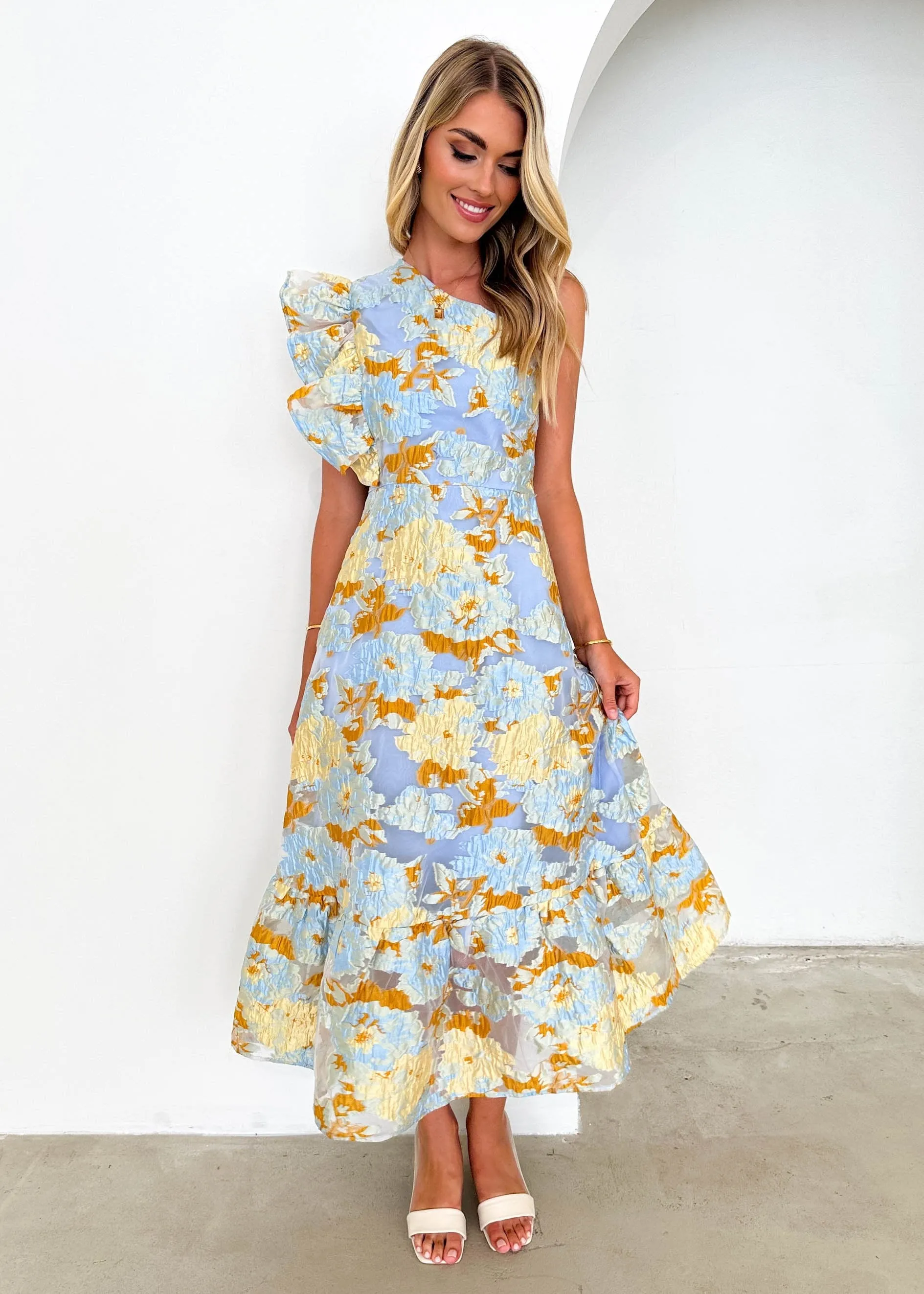 Airly One Shoulder Midi Dress - Blue Jacquard