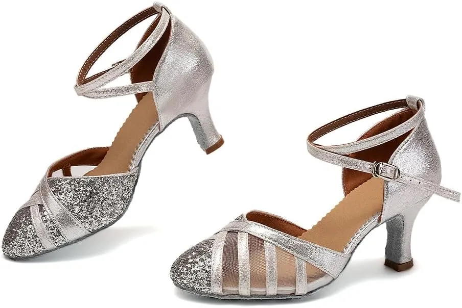 AOQUNFS Women's Glitter Latin Dance Shoes Closed Toe Ballroom Performance Wedding Sequin Dancing Shoes,FT105