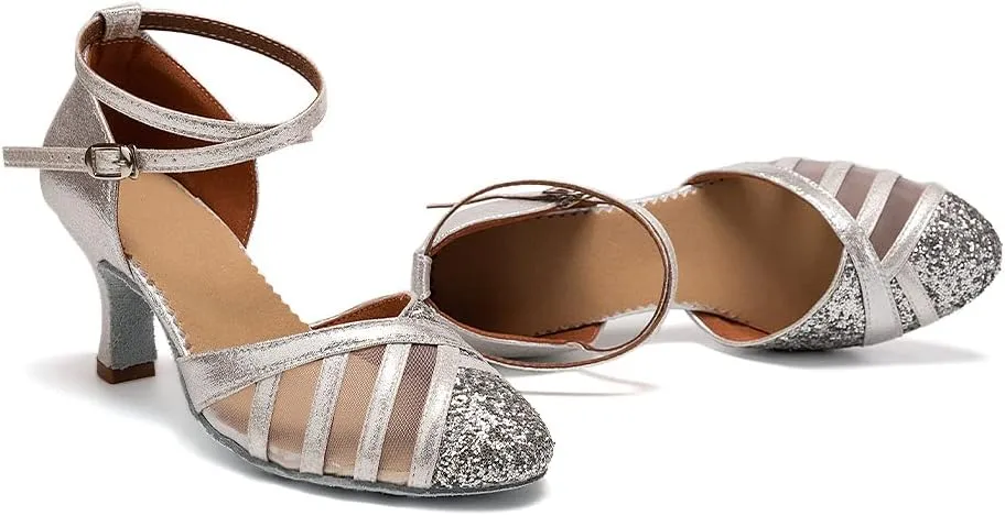 AOQUNFS Women's Glitter Latin Dance Shoes Closed Toe Ballroom Performance Wedding Sequin Dancing Shoes,FT105