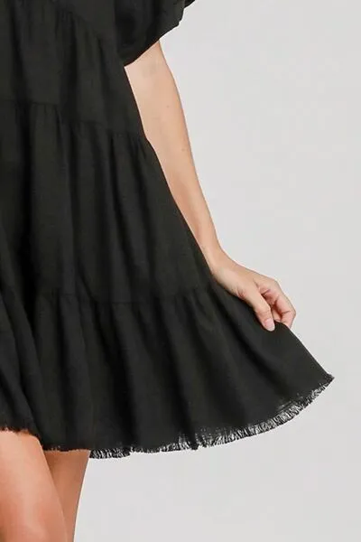 Black Raw Hem Folded Sleeve Tiered Dress