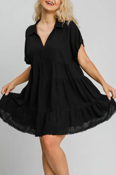 Black Raw Hem Folded Sleeve Tiered Dress
