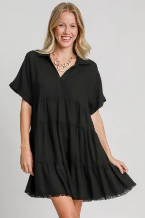 Black Raw Hem Folded Sleeve Tiered Dress