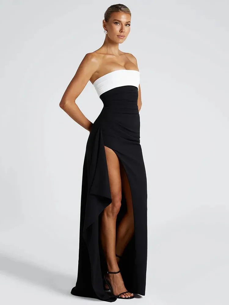 Celina Strapless Black and White Maxi Dress  Elegant High Slit Bandeau Evening Gown for Women