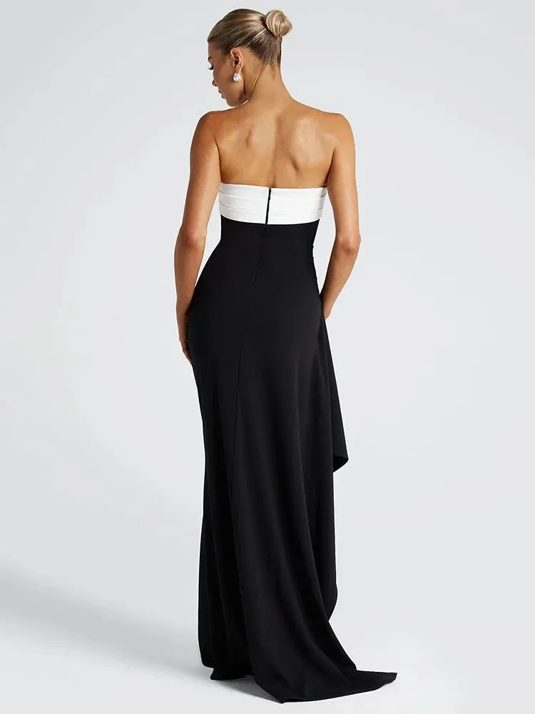 Celina Strapless Black and White Maxi Dress  Elegant High Slit Bandeau Evening Gown for Women