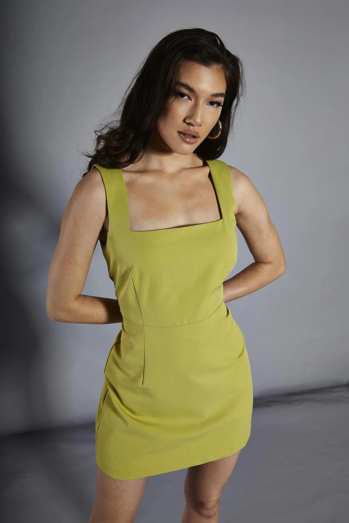Chartreuse-Green Square-Neck Mini-Dress