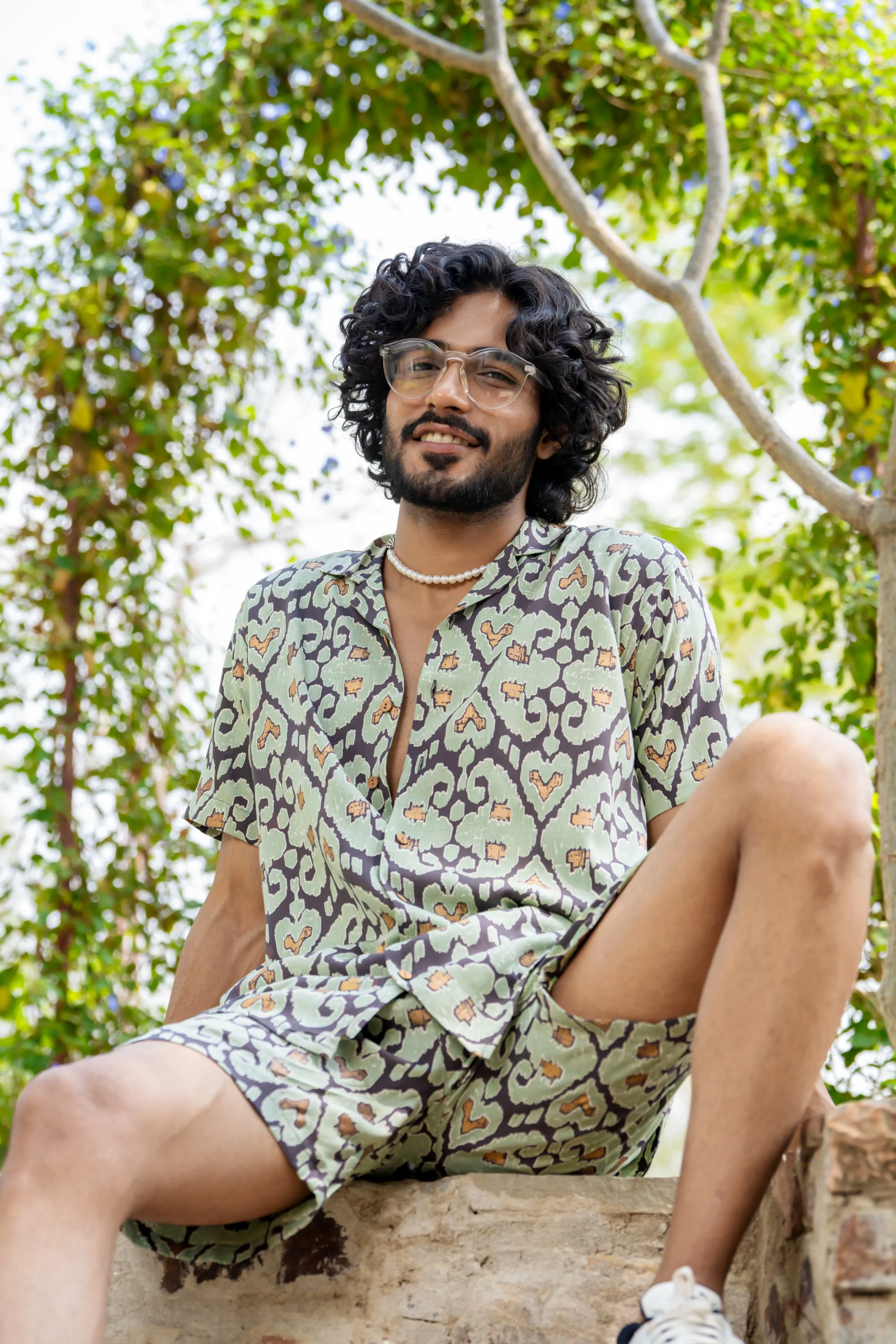 Firangi Yarn Printed Cuban Collar Green and Black Ikkat Summer Lounge and Beach Mens Summer Coord Set