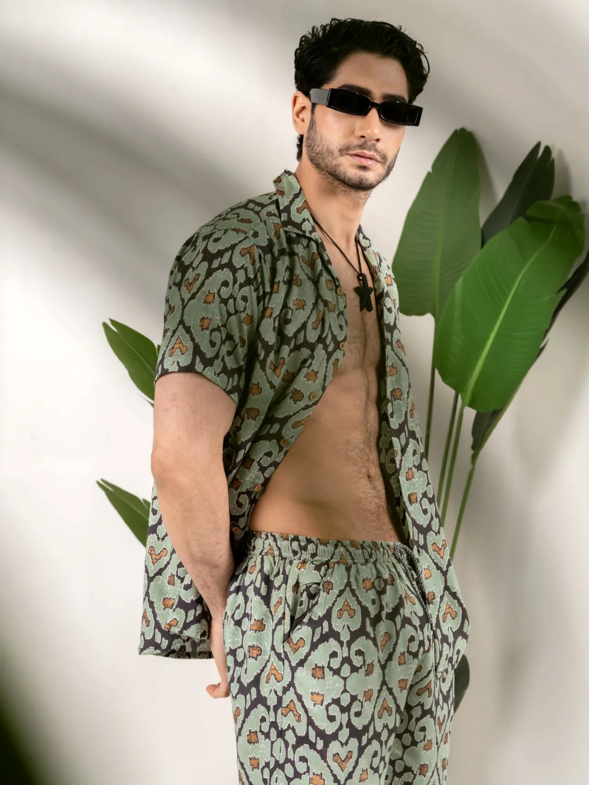 Firangi Yarn Printed Cuban Collar Green and Black Ikkat Summer Lounge and Beach Mens Summer Coord Set