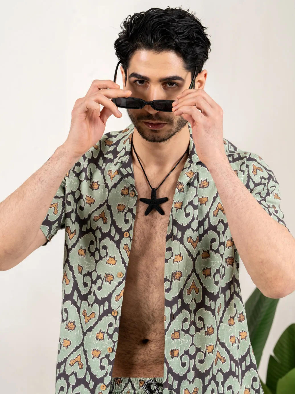 Firangi Yarn Printed Cuban Collar Green and Black Ikkat Summer Lounge and Beach Mens Summer Coord Set
