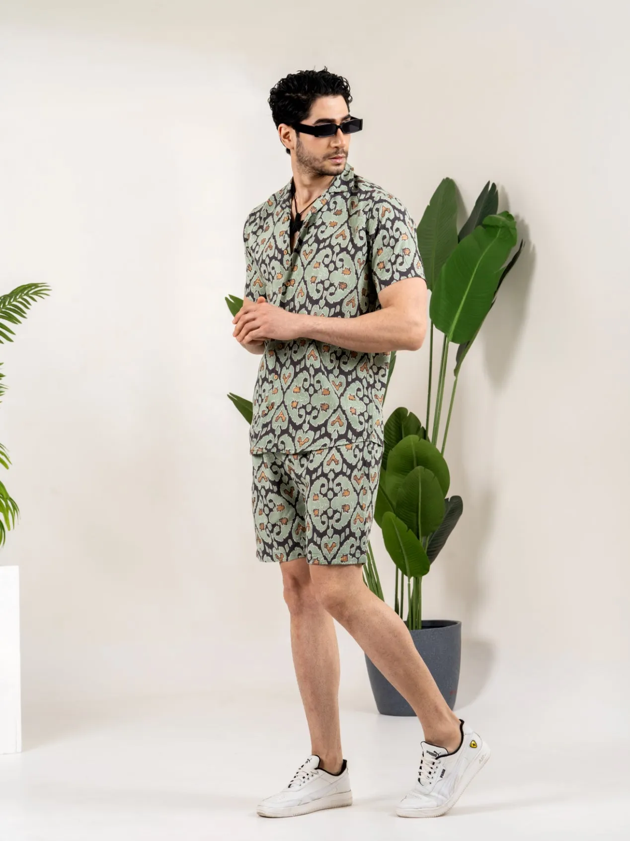 Firangi Yarn Printed Cuban Collar Green and Black Ikkat Summer Lounge and Beach Mens Summer Coord Set