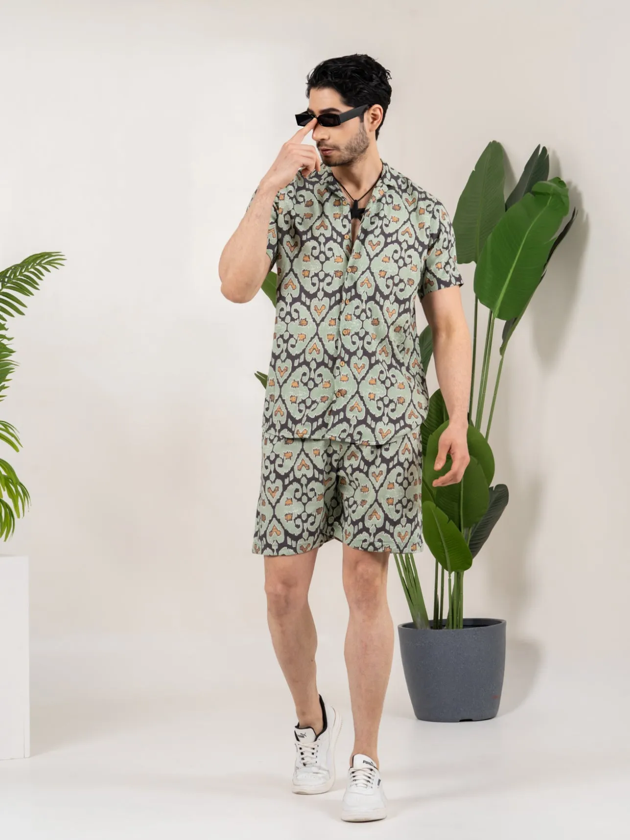 Firangi Yarn Printed Cuban Collar Green and Black Ikkat Summer Lounge and Beach Mens Summer Coord Set