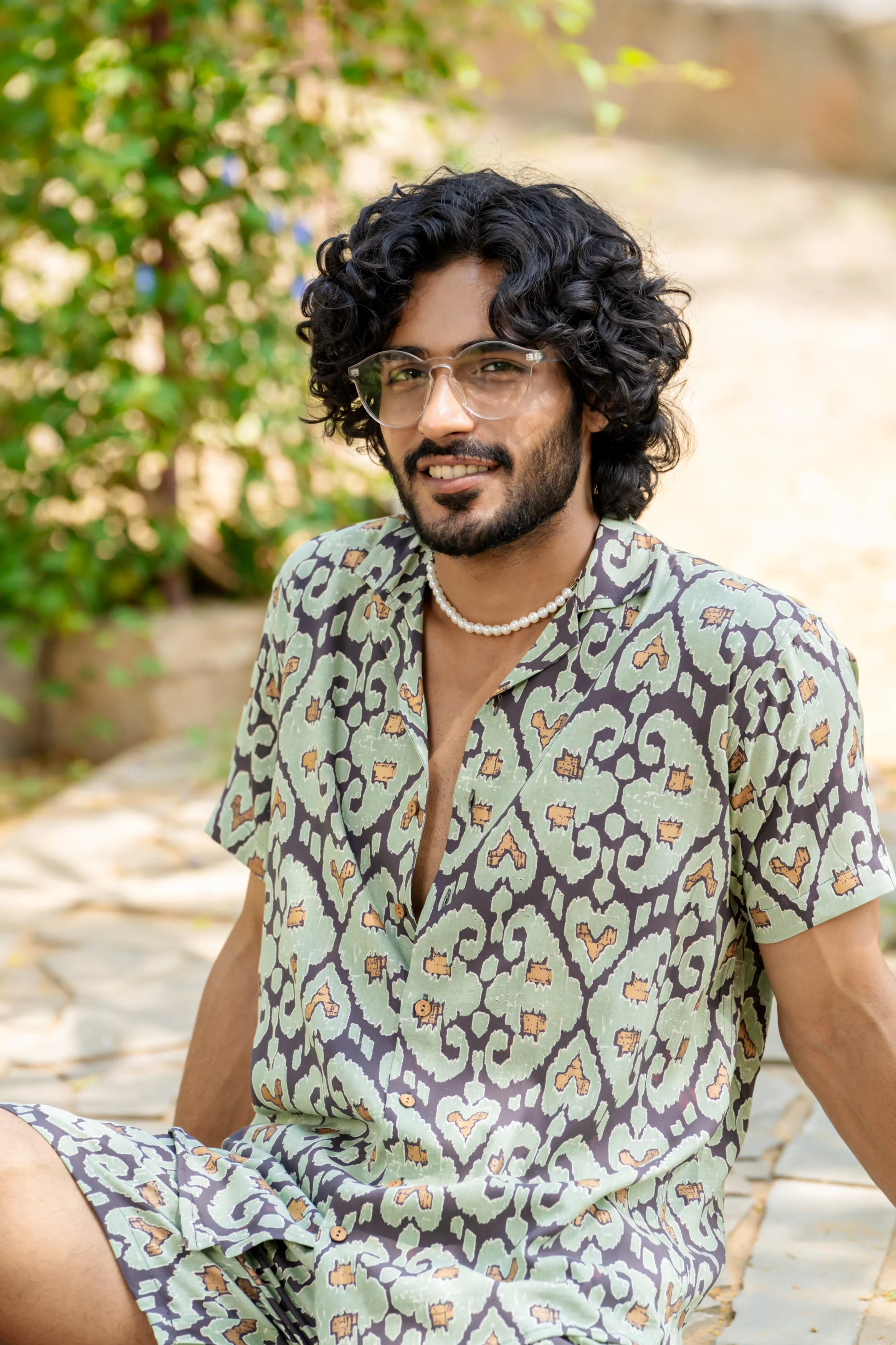 Firangi Yarn Printed Cuban Collar Green and Black Ikkat Summer Lounge and Beach Mens Summer Coord Set