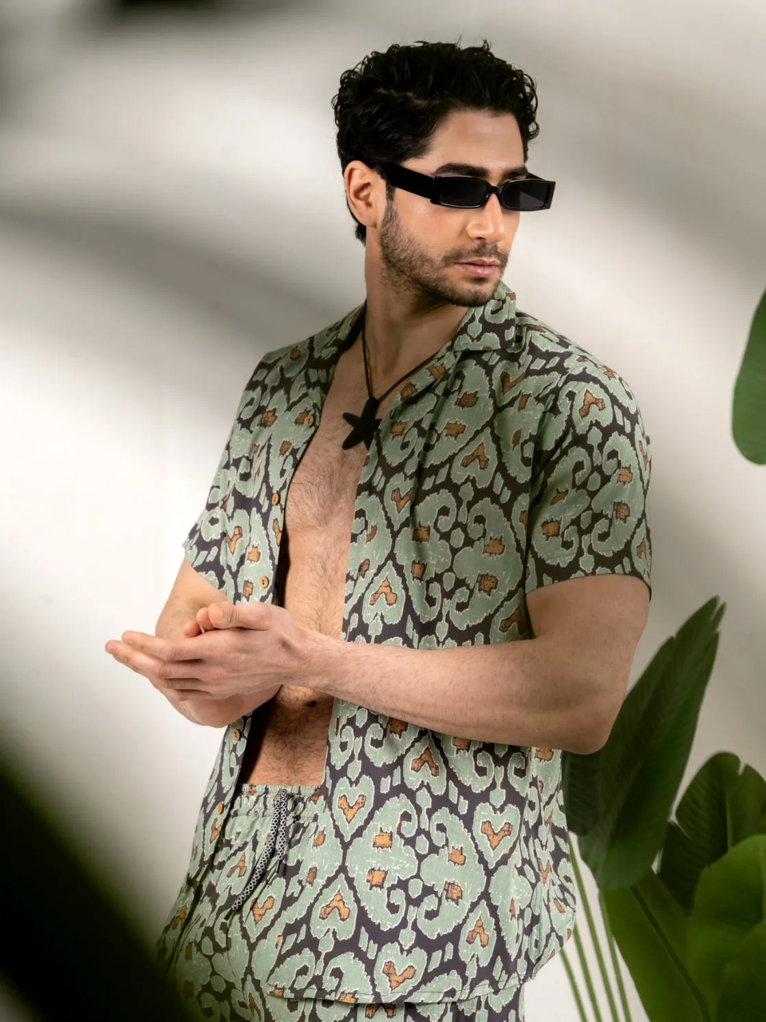Firangi Yarn Printed Cuban Collar Green and Black Ikkat Summer Lounge and Beach Mens Summer Coord Set