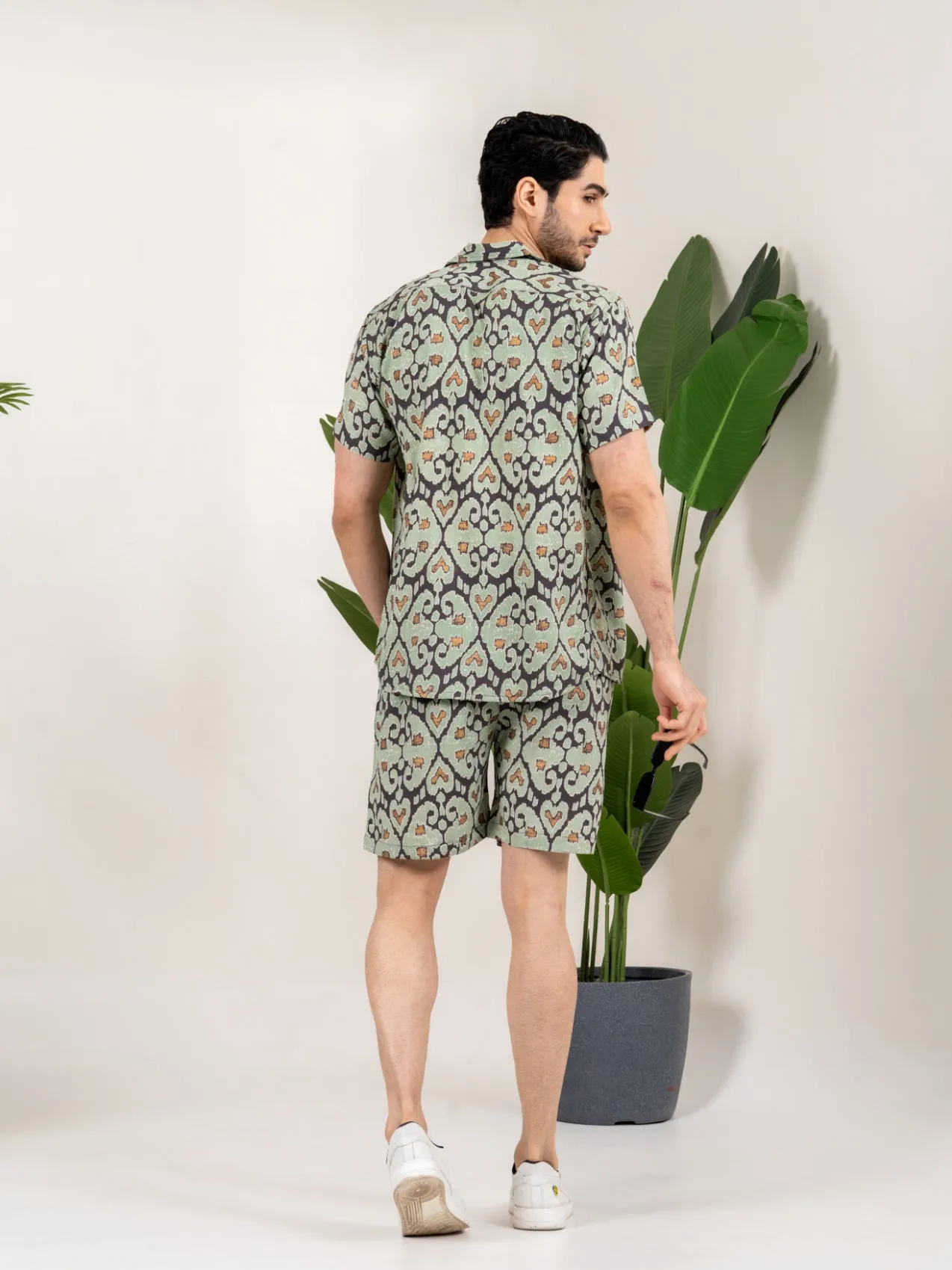 Firangi Yarn Printed Cuban Collar Green and Black Ikkat Summer Lounge and Beach Mens Summer Coord Set