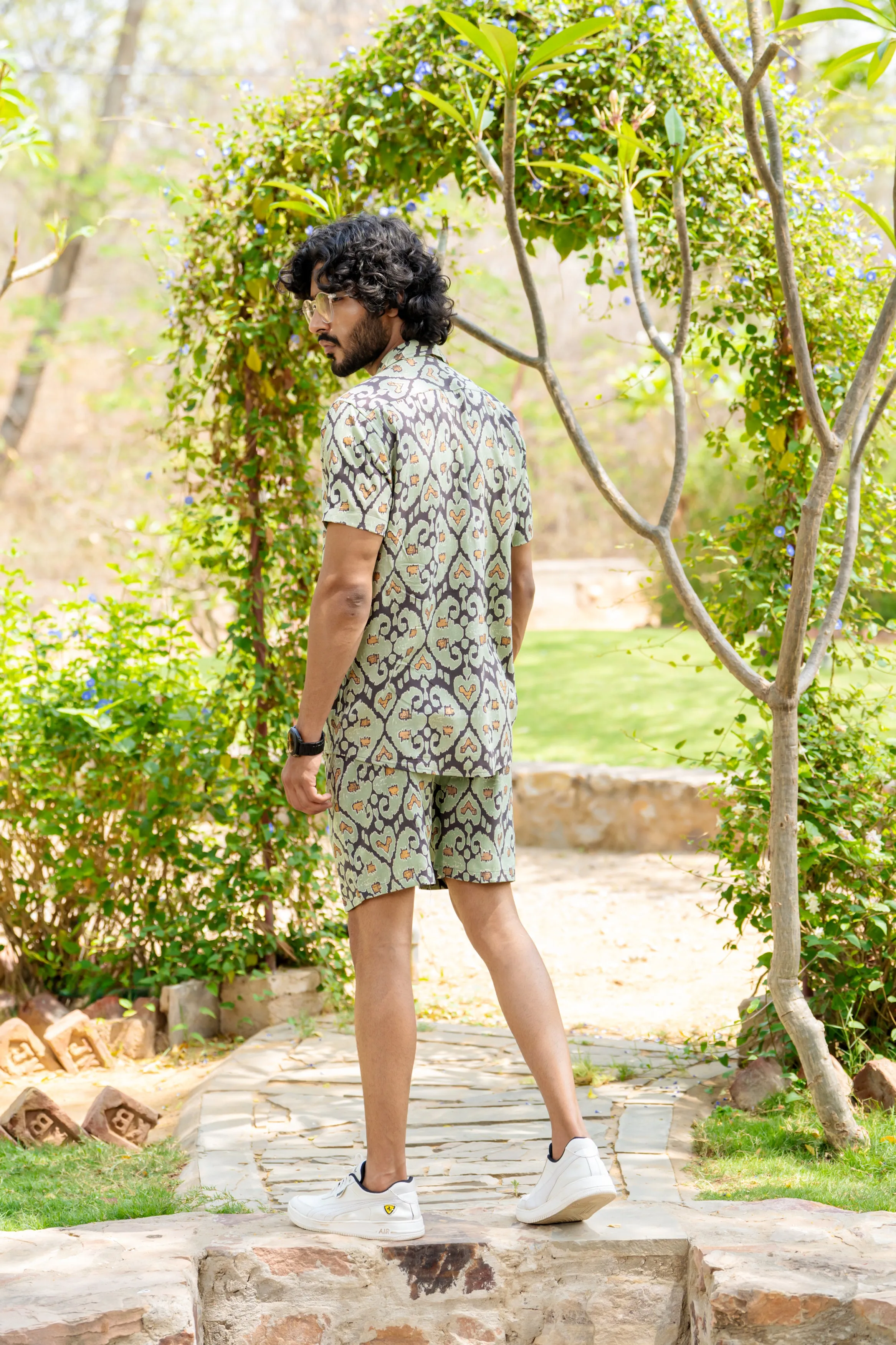 Firangi Yarn Printed Cuban Collar Green and Black Ikkat Summer Lounge and Beach Mens Summer Coord Set