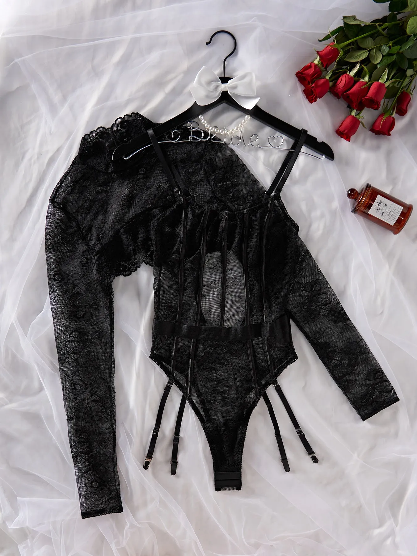 Fleur de Luxe Floral Lace Suspenders Bodysuit