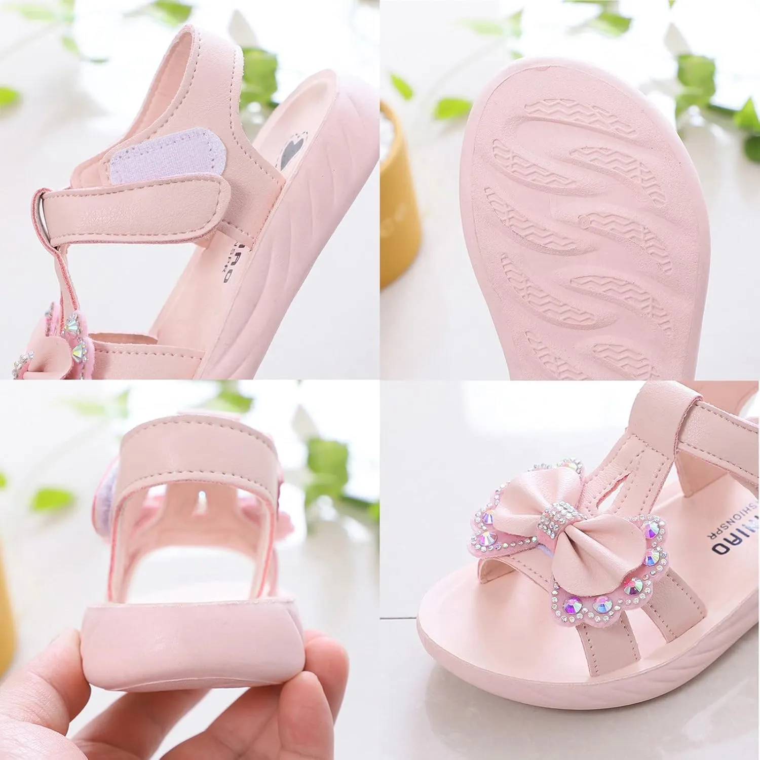 Girls Foam Sequins Bow Sandals With Strap Summer Wide Dress Shoes Little Girls Kids Flat Outdoor Beach Pool Loafers