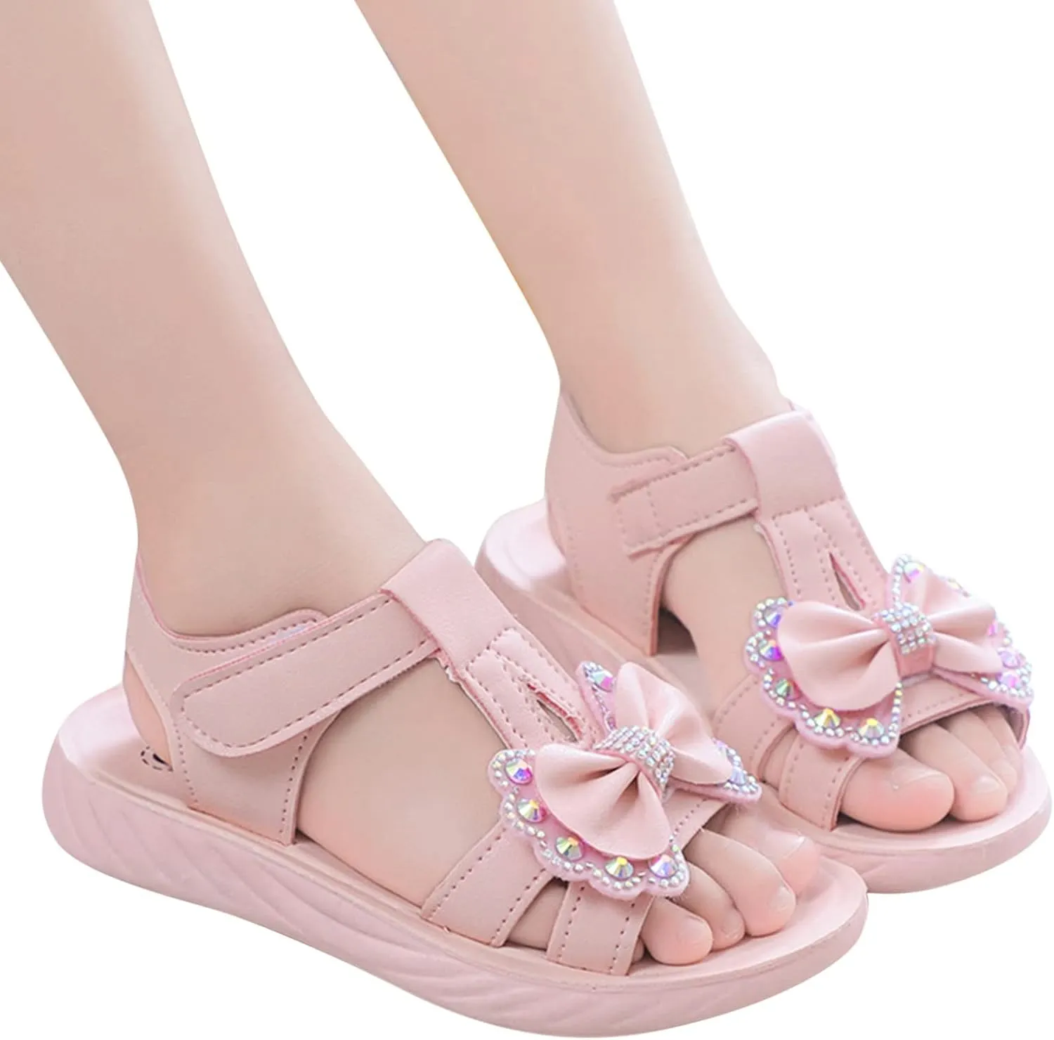 Girls Foam Sequins Bow Sandals With Strap Summer Wide Dress Shoes Little Girls Kids Flat Outdoor Beach Pool Loafers