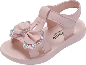 Girls Foam Sequins Bow Sandals With Strap Summer Wide Dress Shoes Little Girls Kids Flat Outdoor Beach Pool Loafers