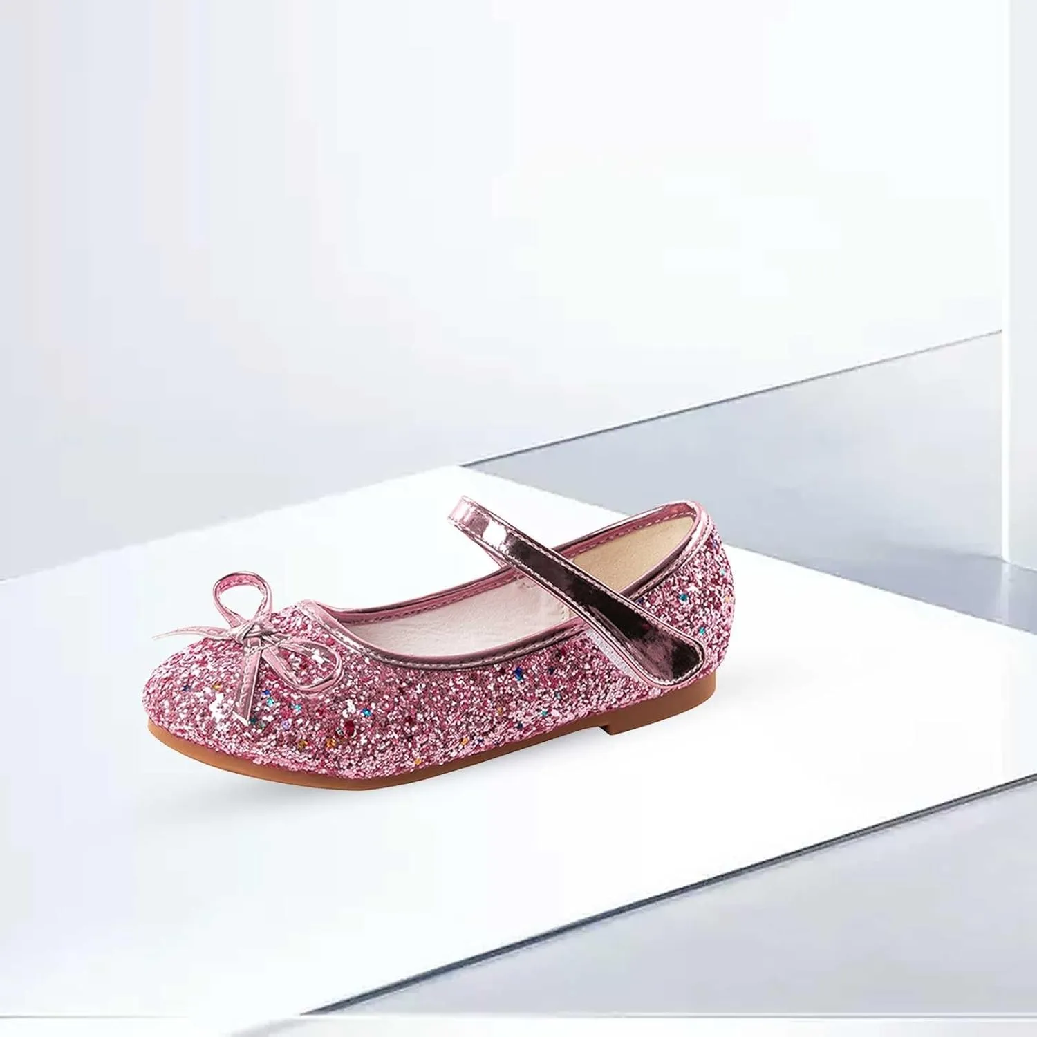 Girls Glitter Princess Dress Shoes Bow Rhinestone Soft Sole Mary Jane Ballet Flats for Flower Girl Wedding Party