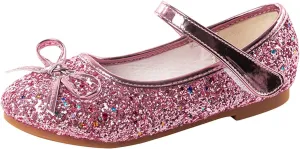 Girls Glitter Princess Dress Shoes Bow Rhinestone Soft Sole Mary Jane Ballet Flats for Flower Girl Wedding Party