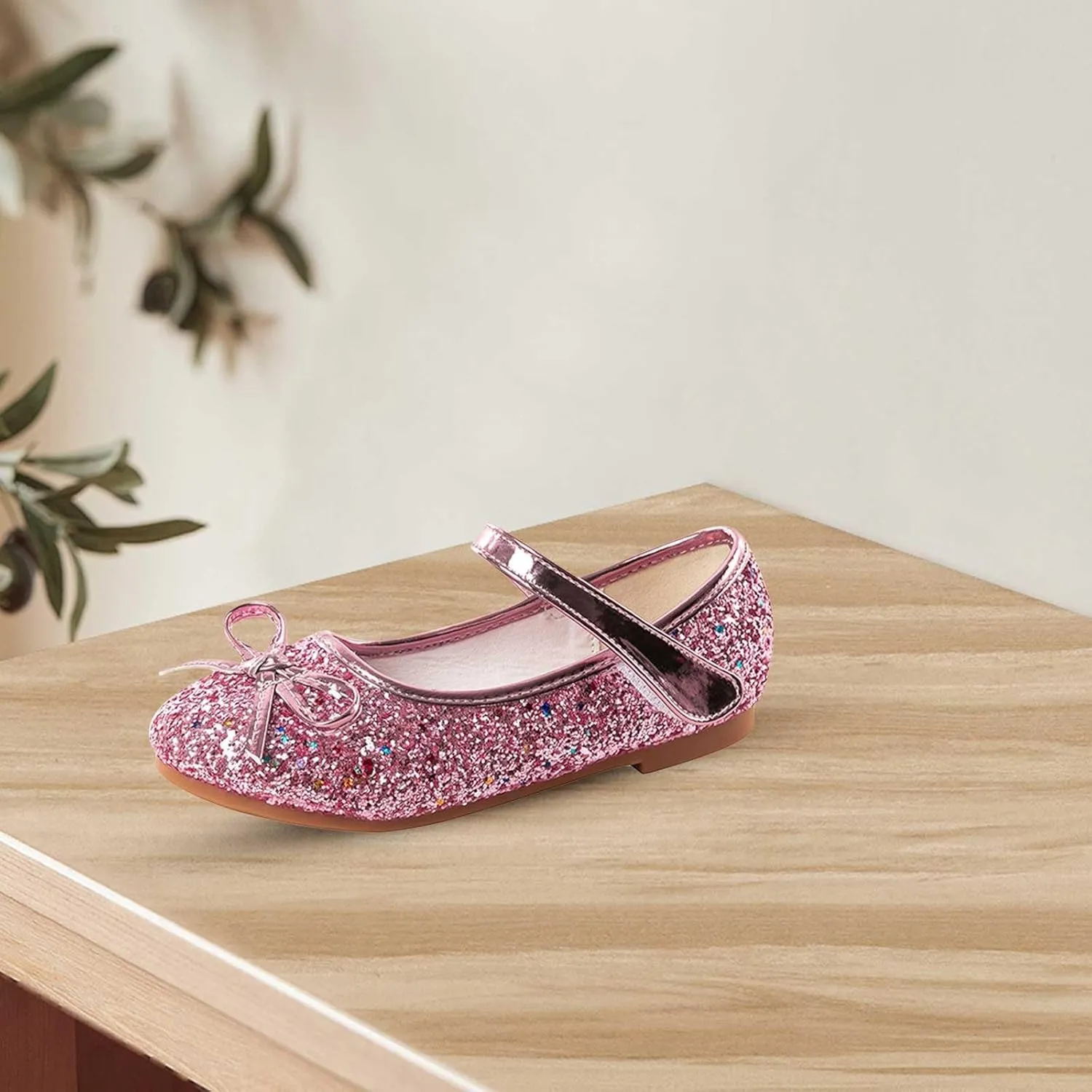 Girls Glitter Princess Dress Shoes Bow Rhinestone Soft Sole Mary Jane Ballet Flats for Flower Girl Wedding Party