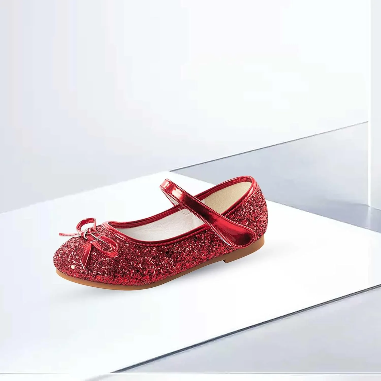 Girls Glitter Princess Dress Shoes Bow Rhinestone Soft Sole Mary Jane Ballet Flats for Flower Girl Wedding Party