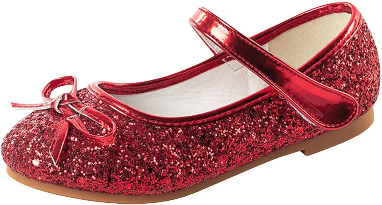 Girls Glitter Princess Dress Shoes Bow Rhinestone Soft Sole Mary Jane Ballet Flats for Flower Girl Wedding Party