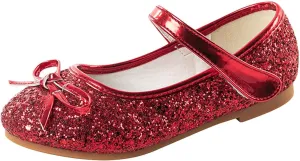 Girls Glitter Princess Dress Shoes Bow Rhinestone Soft Sole Mary Jane Ballet Flats for Flower Girl Wedding Party