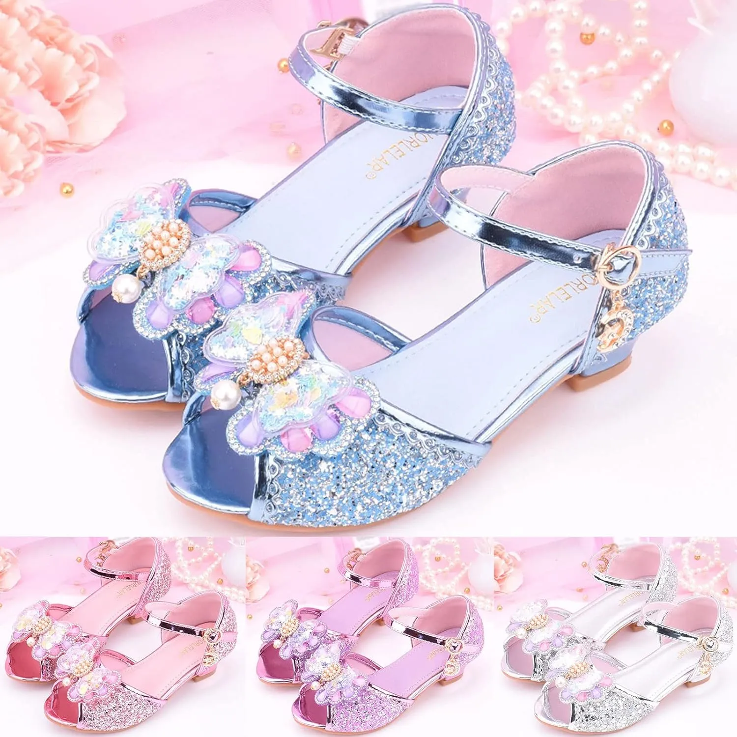 Girls Glitter Sandals Low Heels Shiny Dress Shoes with Bow Party Wedding Flower Girl Shoe for Toddler Kids