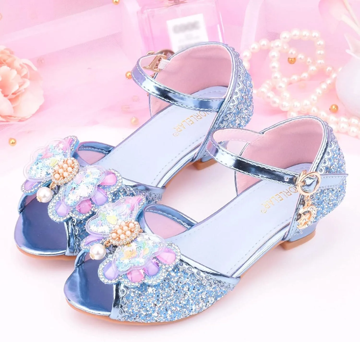 Girls Glitter Sandals Low Heels Shiny Dress Shoes with Bow Party Wedding Flower Girl Shoe for Toddler Kids