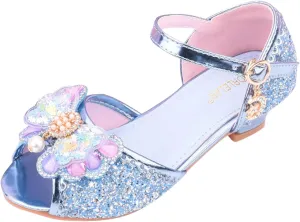 Girls Glitter Sandals Low Heels Shiny Dress Shoes with Bow Party Wedding Flower Girl Shoe for Toddler Kids