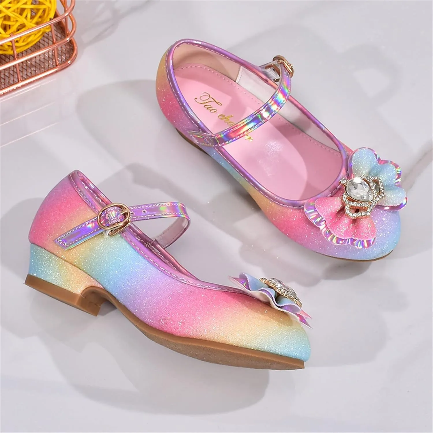 Girls Heels Dress Shoes Mary Jane Bows Pumps Lw Heel Flower Wedding Part for Toddler Little Kid