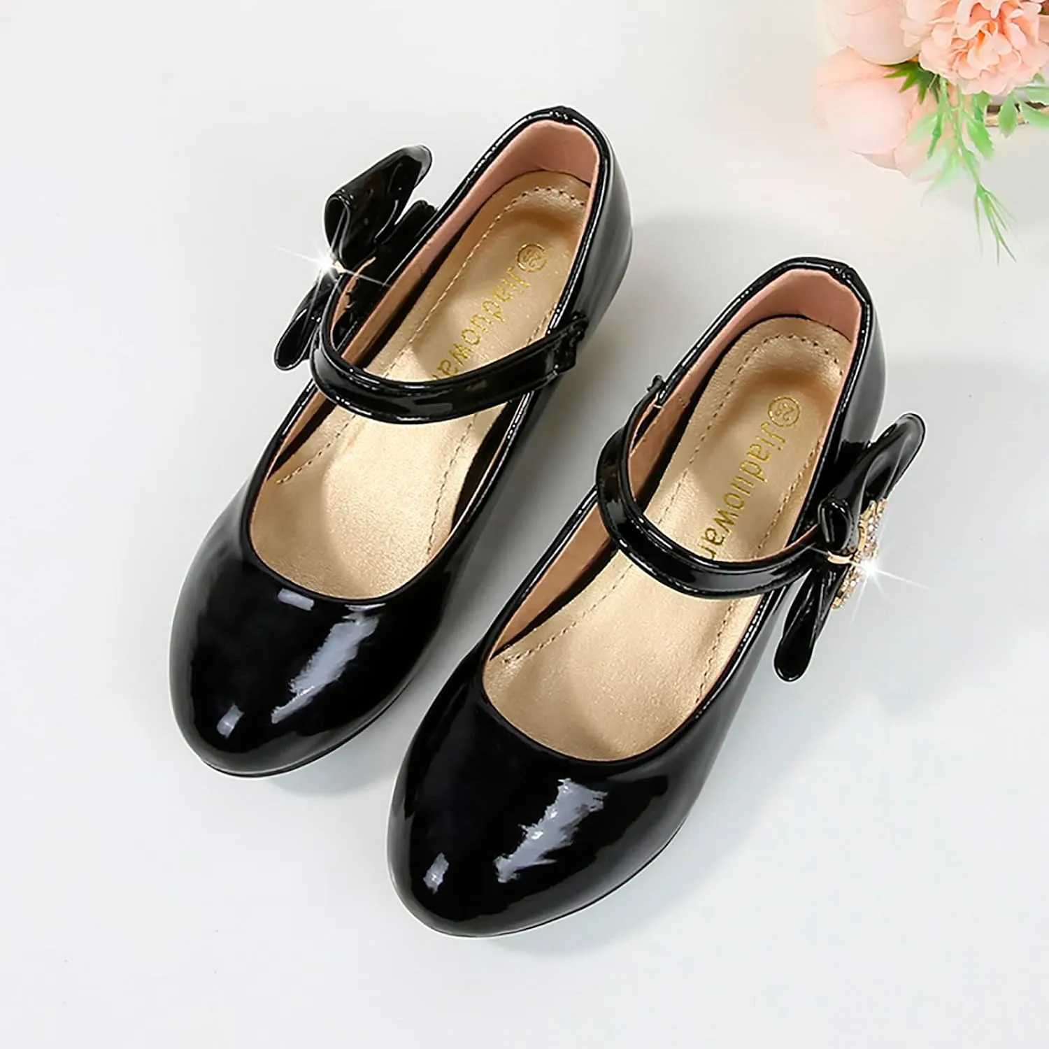 Girls Heels Dress Shoes Mary Jane hinestones Bows Pumps Low Heel Princess Flower Wedding Pary for Toddler Kids