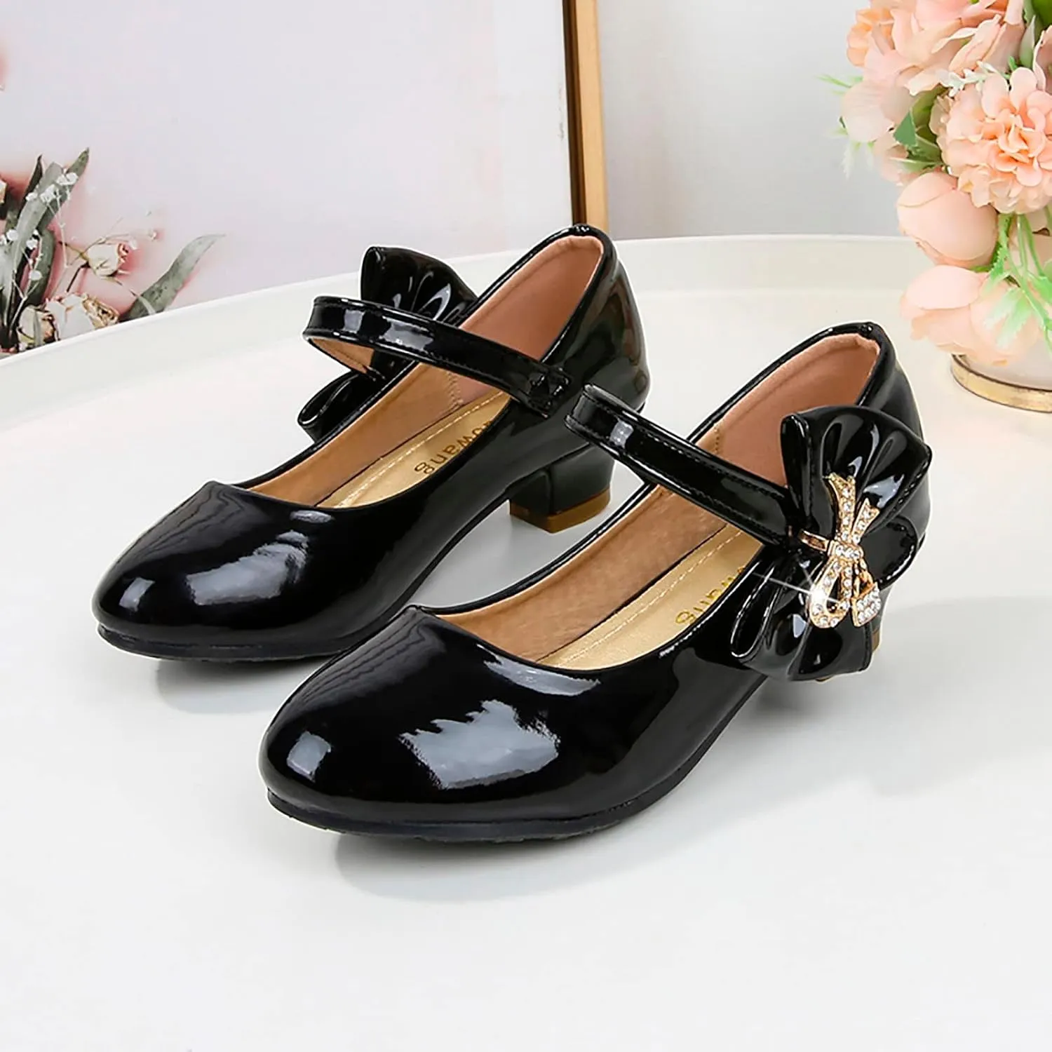 Girls Heels Dress Shoes Mary Jane hinestones Bows Pumps Low Heel Princess Flower Wedding Pary for Toddler Kids
