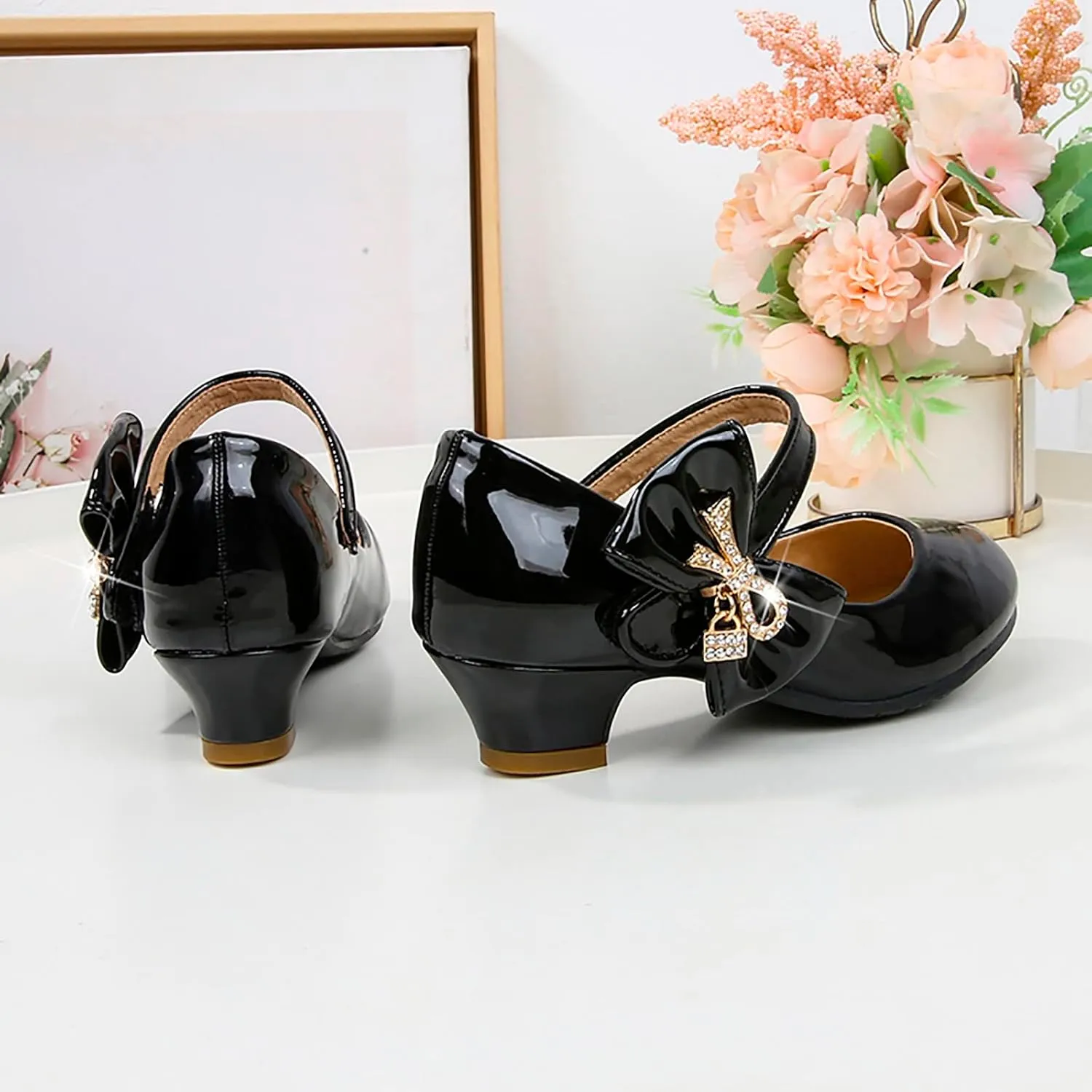 Girls Heels Dress Shoes Mary Jane hinestones Bows Pumps Low Heel Princess Flower Wedding Pary for Toddler Kids