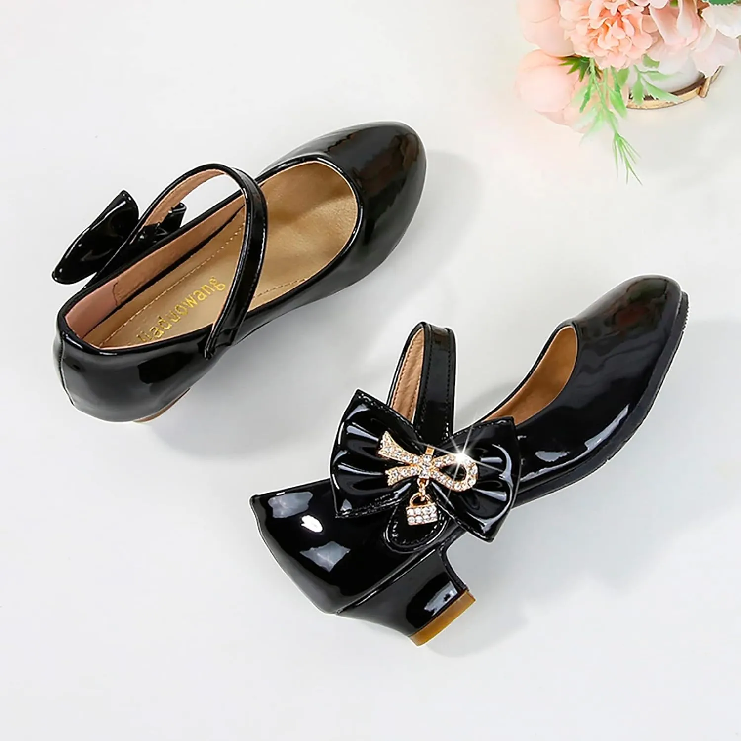 Girls Heels Dress Shoes Mary Jane hinestones Bows Pumps Low Heel Princess Flower Wedding Pary for Toddler Kids