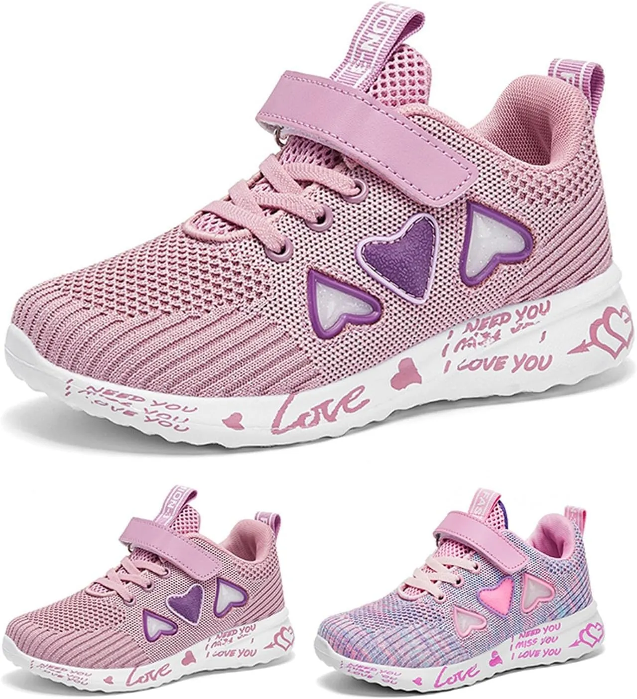 Girls Kids Colorful Sneakers Knitted Mesh Heart Pattern Breathable Lightweight Running Sports Shoes for Kids Shoes