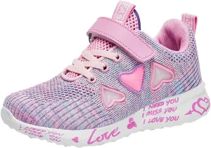 Girls Kids Colorful Sneakers Knitted Mesh Heart Pattern Breathable Lightweight Running Sports Shoes for Kids Shoes