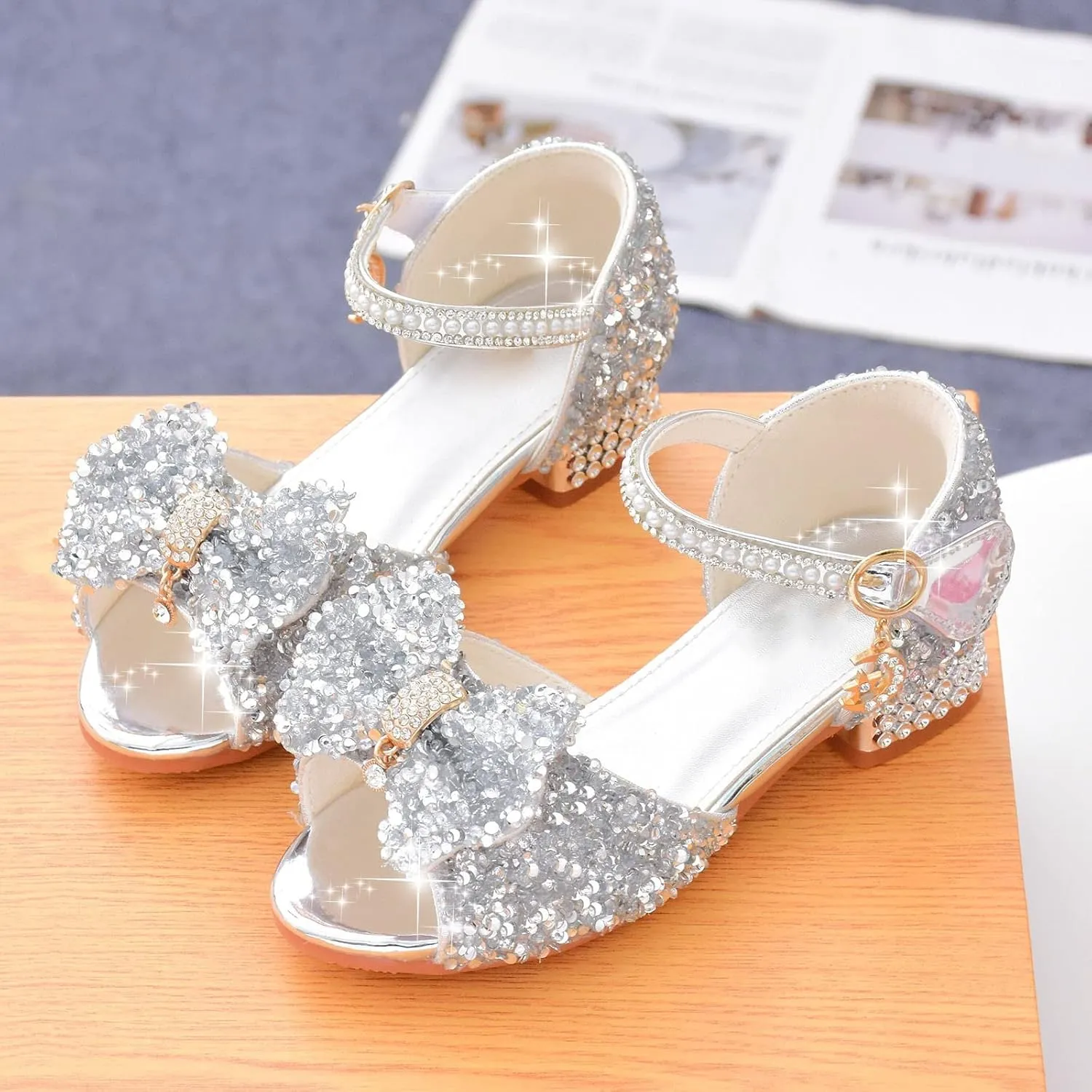 Girls Sandals Glitter Bow Dress Shoes Princess High Heels Sequins Party Wedding Flower Girls Shoes for Kids Toddlers