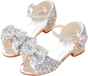 Girls Sandals Glitter Bow Dress Shoes Princess High Heels Sequins Party Wedding Flower Girls Shoes for Kids Toddlers