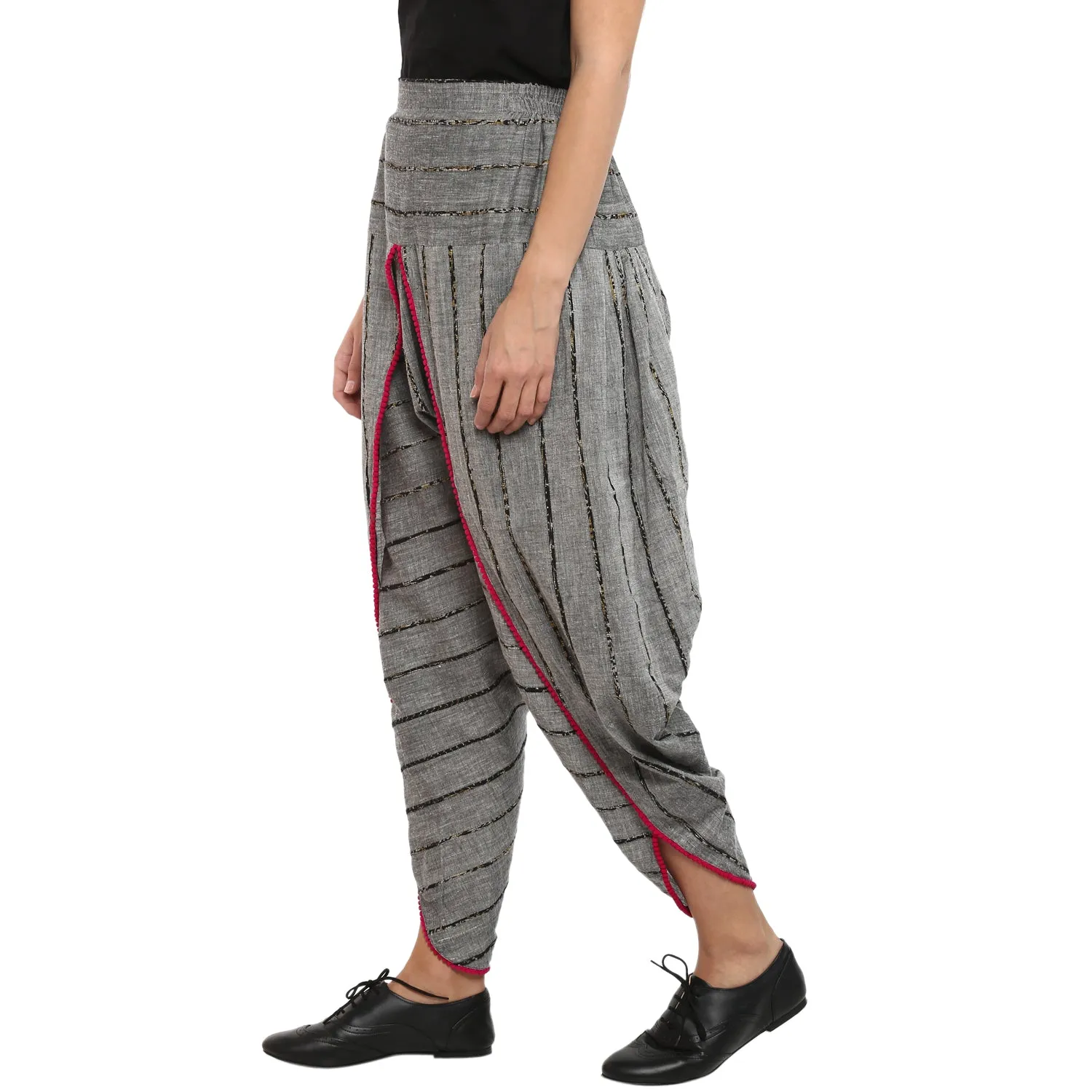 Grey Khesh Dhoti with pink pom-pom border