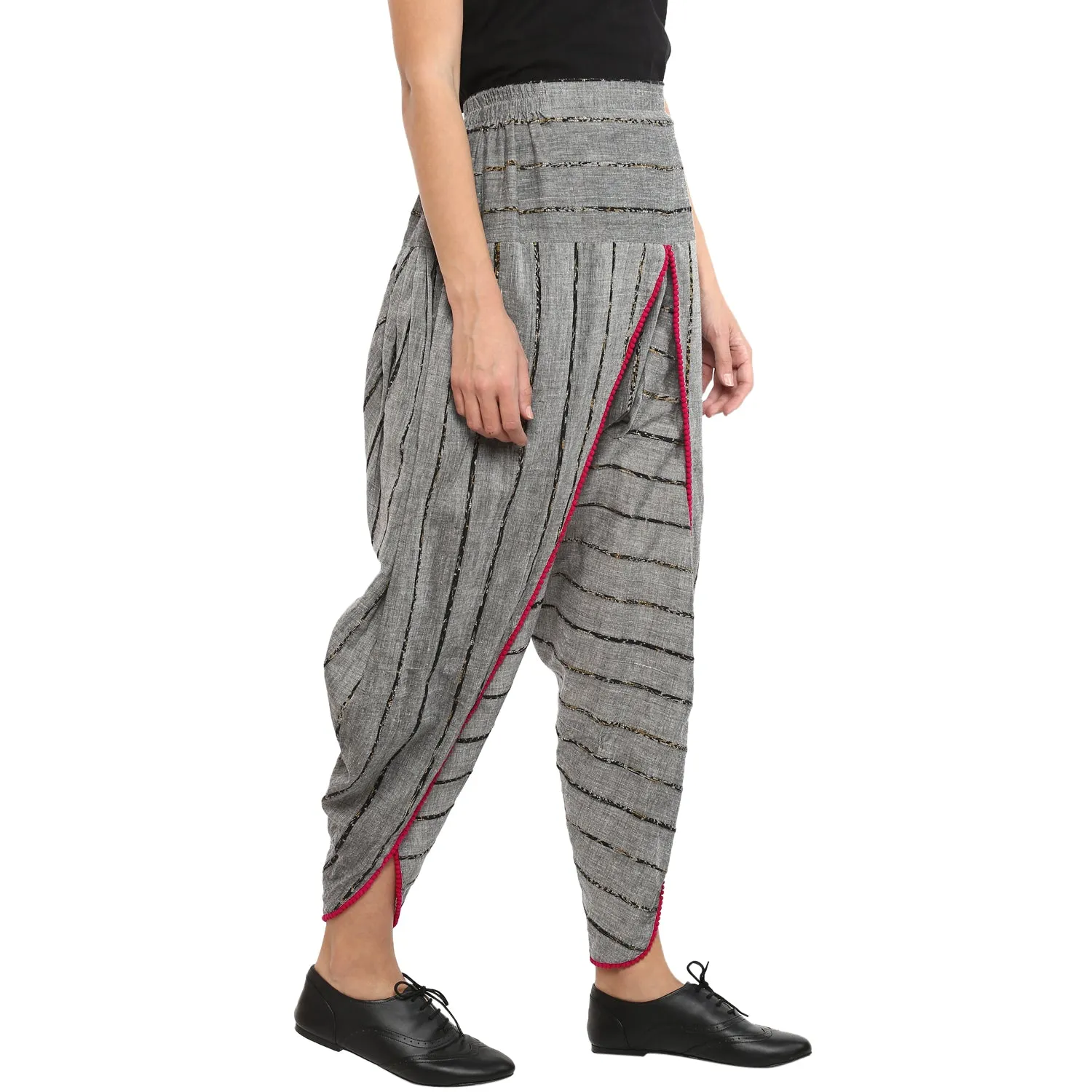 Grey Khesh Dhoti with pink pom-pom border