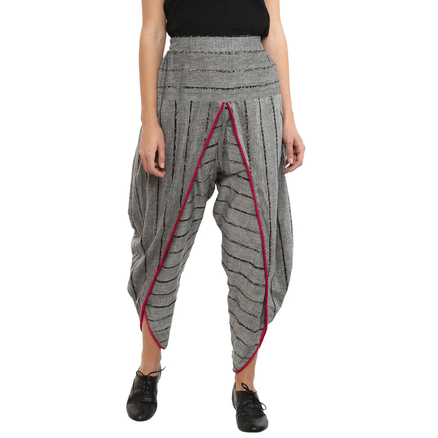 Grey Khesh Dhoti with pink pom-pom border
